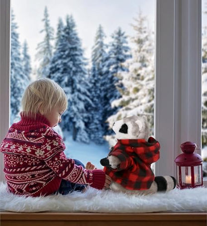 DolliBu Super Soft Raccoon Stuffed Animal with Plaid Red Hoodie Sweater and Personalization - Raccoon Plush Lumberjack Stuffed Toy with Plaid Jacket Dress Up for Christmas, Holiday, Winter - 9 Inches