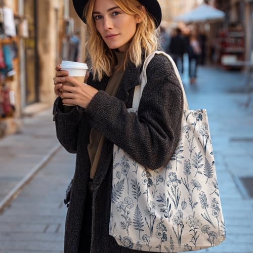 2 Pack Canvas Tote Bag with Makeup Zipper Pouch Colorful Polyester Printed Reusable Shopping Bags for Women - style: Blue Flower