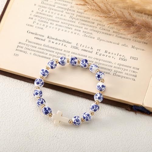 Cross Bracelet for Women - Christian Cross Beaded Bracelet Religious Jewelry for Women, Catholic Confirmation Gifts Inspirational Stretch with Charm, Meaningful Confirmation Jewelry Gifts - color: Blue
