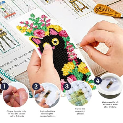 ORIGACH 6 Set Cat and Flower Cross Stitch Bookmark Kit for Beginner - style: Cat and Flower