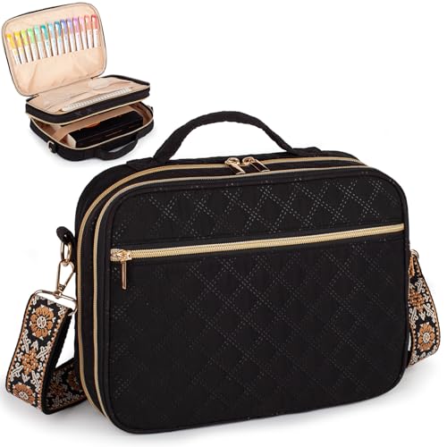 Large Bible Cover for Women,2 Compartments Bible Bag for Church - color: 2 Lays,Black with Bohemia Strap