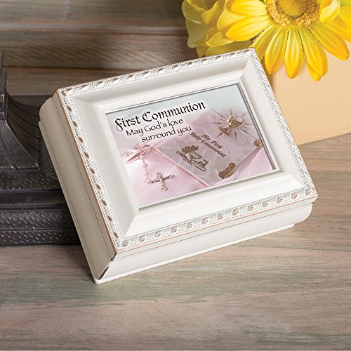 First Communion Ivory Rope Trim 4.5 x 3.5 Tiny Square Jewelry Keepsake Box