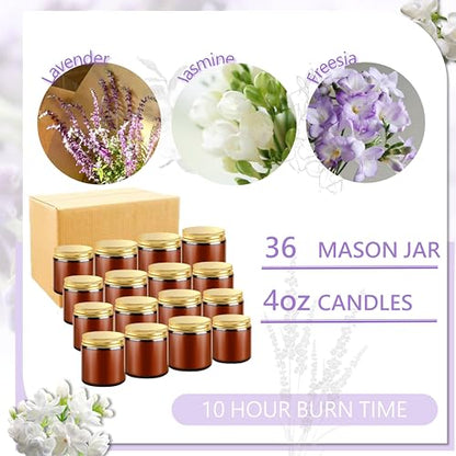 ACITHGL 36 Pcs 4oz Mini Mason Jar Candles Small Scented Candles Bulk Aromatherapy Ideal Souvenir Favors for Wedding Birthday Party (Freesia, Lavender, Jasmine, Amber) - color: Amber, style: Freesia, Lavender, Jasmine