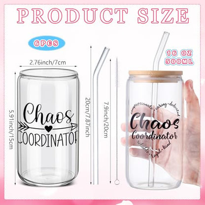 SiliFine Chaos Coordinator Gifts for Women, 6 Pcs Glass Cups with Lids - style: Chaos Coordinator