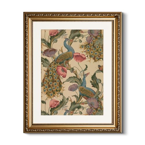 Golden Framed Canvas Wall Art Vintage Peacock, Classic Vine With Poppies Floral Canvas Print Wall Decor, Bird Art Print Wall Hanging 13x16 inch, for Bedroom Bathroom Living Room Decor - color: Peacock, size: 16"L x 13"W