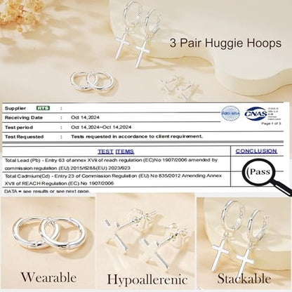 3Pairs Gold Cross Earrings for Women Hoops Huggie Earrings Stack Set - color: Silver-1