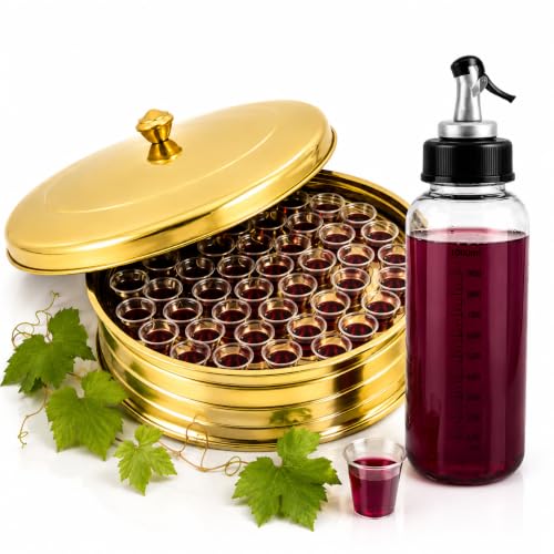 Church Communion Bundle, 40-Cup Gold Stainless Steel Communion Tray with Lid and 33 Oz Push-Button Juice Dispenser, Reusable Serving Set for Church Communion Services