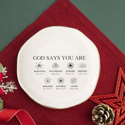 God Says You Are Beautiful Ring Dish – Christian Ceramic Jewelry Tray for Women, Inspirational Bible Verse Trinket Holder Gift for Her, Religious Baptism Gift - color: You Are Beautiful-02