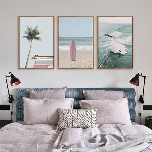 CHDITB Coastal Beach Framed Wall Art, Palm Tree Surfboard Seascape Painting - color: Beach, size: 16"L x 24"W