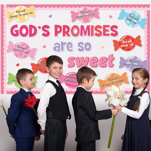 Valentine's Day Sweet Candy Bulletin Board Set Christian Classroom Decorations Valentines Religious God’s Promises Candy Paper Cutouts for Sunday School Church Office Home Chalkboard Wall Door Decor - style: God’s promises are so sweet