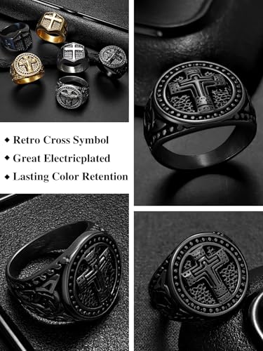 Christian Cross Rings for Men - Stainless Steel Jesus Jewelry with Celtic Knot Sides (Gold/Black/Silver) - Catholic Religious Gift, Size 7-13 - color: E-Black-Jesus