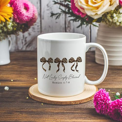 Preppy Coquette Bow Christian Mug, Trendy Leopard Bow Girly Coffee Mug Ceramic, Bible Verse Coffee Mug, Not Lucky Simply Blessed Mug Christian Gifts for Women - color: bless