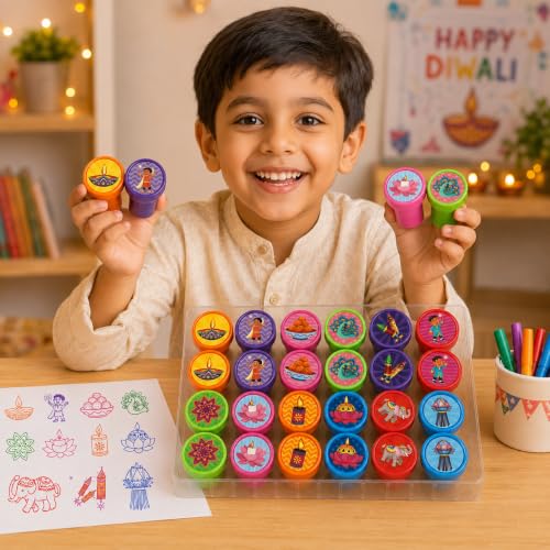 Cinrobiye 24 Pcs Diwali Stampers Party Favor Set, Cute Festival of Lights Stamps for Kids Diwali Celebration, Classroom Rewards, Cultural Party Supplies, Goody Bag Fillers, Holiday Party Favors - color: Diwali