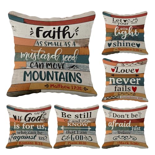 Scripture Art Vintage Linen Throw Pillow Case, 18 x 18 Inch Set of 6, Christian Decor, Christian Gift, Church Gifts, Inspirational Gift, Scripture Sayings Jesus Verse Cushion Cover for Sofa Couch Bed - color: Christian 2