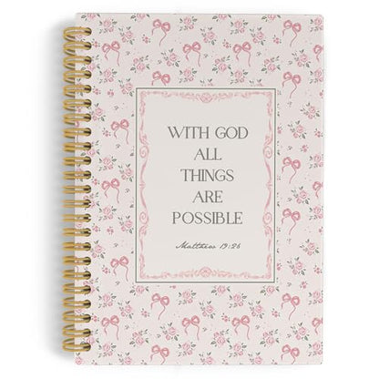 YLZlhb Pink Bow Floral Christian Spiral Notebook Journal, Religious Notebooks for Note Taking, Christian Gifts for Women, with God All Things Are Possible Hardcover Spiral Journal 5.5x8.3 Inches - color: with god