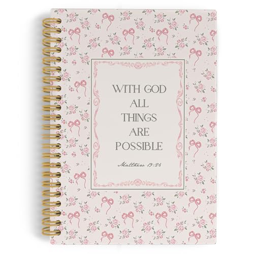 YLZlhb Pink Bow Floral Christian Spiral Notebook Journal, Religious Notebooks for Note Taking, Christian Gifts for Women, with God All Things Are Possible Hardcover Spiral Journal 5.5x8.3 Inches - color: with god