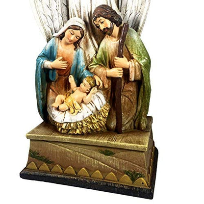 Christian Brands Beautiful Christmas 14" H Tabletop Nativity Cross. One Piece Nativity Set with Figures of The Holy Family and and Holy Spirit Angel and Detailed Carvings of Three Kings, Shepherds