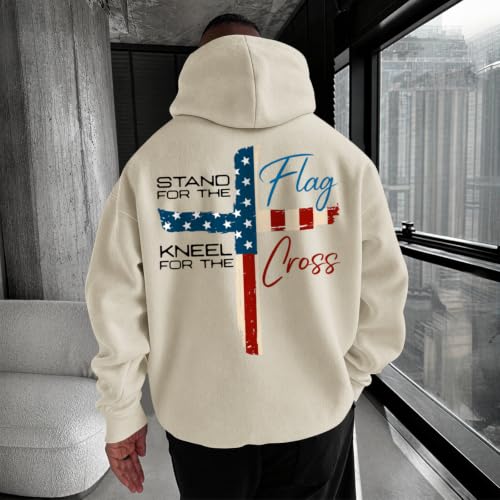 Tuislay Mens Christian Stand for The Flag Kneel for The Cross Hoodies Jesus Faith American Flag Sweatshirts Religious Sweater - color: Apricot, size: Medium