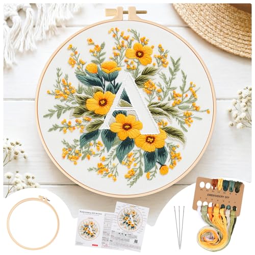 Zerzsy 7.87 '' Embroidery Kits Plant Flower Leaf English Letter Patterns for Beginners Adults, Easy to Learn Cross Stitch Kit for Home Office Decor - color: Letter A