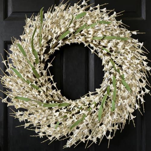 26 Inch Spring Wreaths for Front Door, Large Artificial Forsythia Flowers Wreath, Spring Summer Floral Wreath All Season for Home, Wall, Window, Porch, Wedding, Farmhouse Decor (White) - color: White