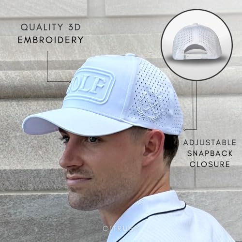 CITRUSY Athletic Trucker Golf Hat | Performance Mens 5 Panel Cap | Cool Breathable Waterproof Workout Running Snapback - color: Golf | White