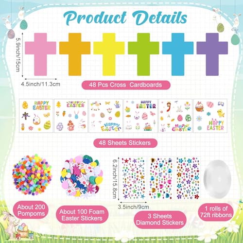 Funrous 48 Sets Crafts Kit Paper Crafts DIY Make Your Own Hanging Ornaments with Pompoms Diamond Stickers for Holiday Classroom Activities Party Favors, Easter Cross - style: Easter Cross