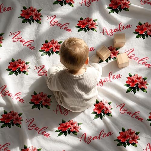 Personalized Floral Name Blanket, Custom Floral Name Design Azalea, Soft Nursery Throw, Newborn Birthday Baptism Christening Keepsake - color: #Ver8