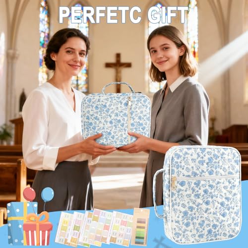 Zkptops Bible Cover Case for Women Girls Large Bible Bag Blue Cotton Quilted Floral Bible Carrying Case with Zipper Pocket and Handle Carrying Book Cover for Christian Study Supplies Christian Gift - color: Fj Blue