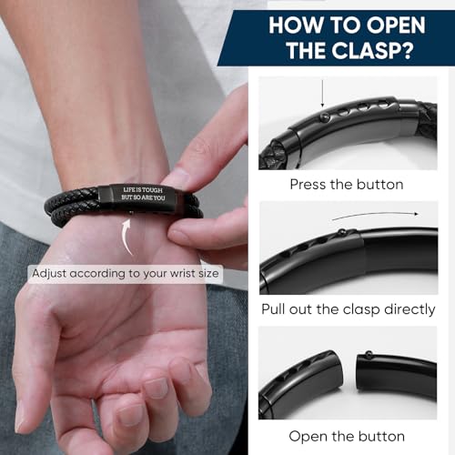 Men's Cross Bracelet Handsome Inspirational Quote Bible Verse Engraved Black Braided Leather Bracelets for Men Religious Jewelry Christmas Baptism Confirmation Christian Gifts for Son Husband Man - style: 11: Life is tough but so are you