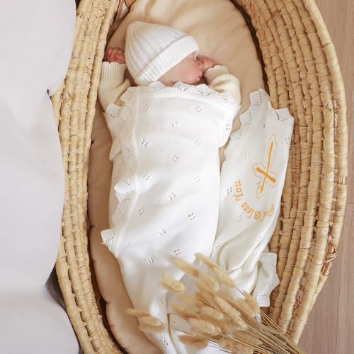 Baby Christening Blanket Cotton Soft Knit with Stitching Cross - color: White-glod