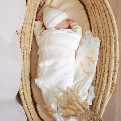 Baby Christening Blanket Cotton Soft Knit with Stitching Cross - color: White-glod