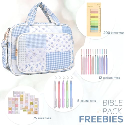 Bible Cover Case for Women Bible Study Supplies Christian Gifts for Women Church Camp Essentials Christian Bible Journaling Kit Quilted Large Bible Cover (Spliced Blue Flower, Large) - color: Spliced Blue Flower