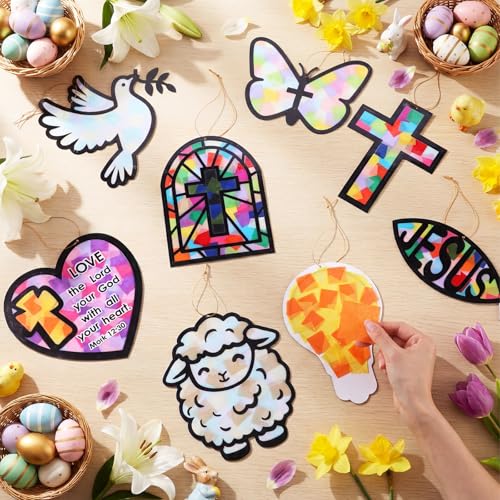 DoubleFill 48 Pcs Religious Suncatchers Craft Kit DIY Christian Vbs Craft Kit Bible Verse Stained Glass Effect Tissue Paper Kits Bulk for Spring Christian Window Decor Home Ornament Party Art Activity - style: Religious Cross