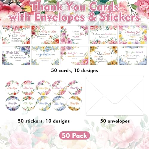 IANFEPH 50 Pack Religious Christian Thank You Cards with Envelopes Stickers 4x6 Inch Floral Baptism Blank Inside Notes 10 Designs Bible Verse Greeting Cards for Wedding Communion Baby Shower