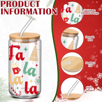 SiliFine 6 Pcs Christmas Glass Cups, 16 oz with Lids and Straws - style: Christmas