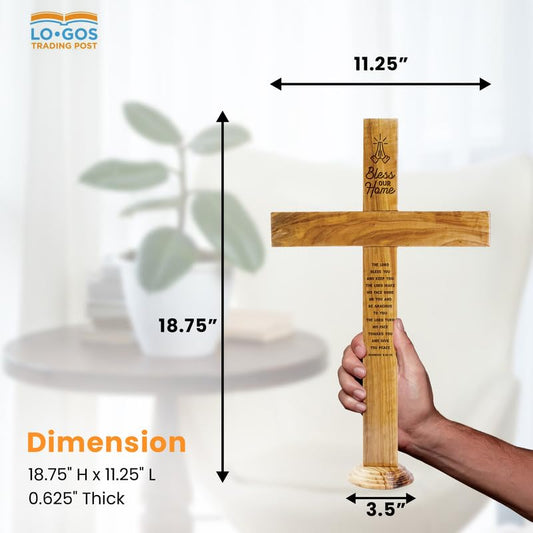 Bless Our Home Memorial Cross Stand for Desk - Genuine Handcrafted Olive Wood Large Wooden Cross From the Holy Land, Engraved Tabletop Cross Statue, Keepsake Religious Gifts for Loss of Loved One - color: Bless Our Home