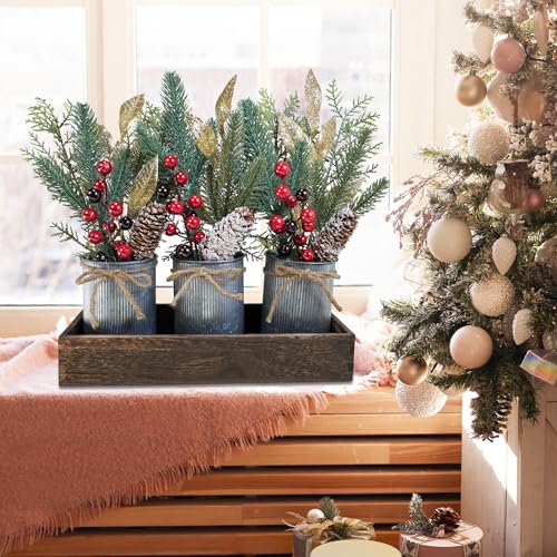 Winlyn Christmas Floral Arrangement Farmhouse Centerpiece Faux Pine Branches Pinecone Red Berry Stems Glitter Leaves Christmas Picks in Galvanized Pots with Wood Box for Holiday Table Décor
