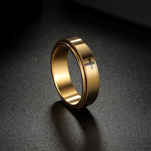 Mens Fidget Rings Anxiety Ring for Men 6mm 8mm Chain Spinner Ring Size 5-14 - color: Jet Gold