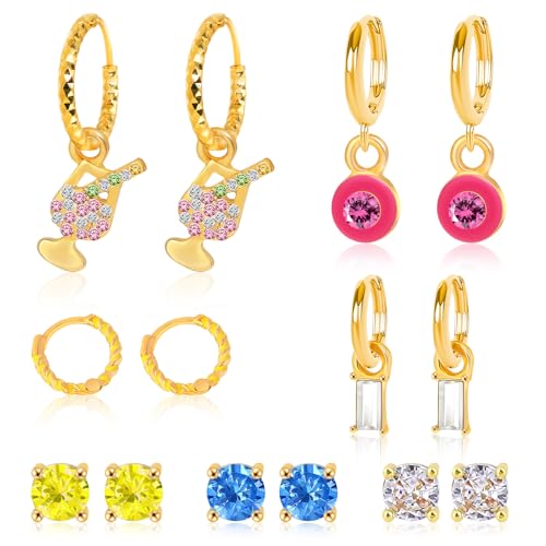 Gold Earrings Set for Women 14K Gold Plated Cubic Zirconia Love Heart Bowknot Clover Fruit Flower Insect Ocean Cross Huggie Hoop Earrings Stud Earrings Set for Multiple Piercing Party Jewelry Gifts - style: Fun Cocktail