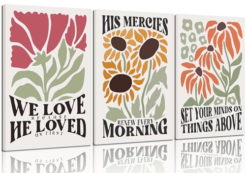 Framed Christian Bible Scripture Wall Art Set of 3 12x16 Inch - color: Flower（Canvas）, size: 16"L x 12"W