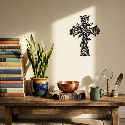 Zckjnoi Black Metal Rose Cross Wall Decor, Christian Cross Floral Art for Church Home Bedroom Living Room Dining Room Porch, Religious Flower Cross to Hang on Wall, Cool Gifts for Christian