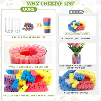 ALFEVA Easter Decorations-Vase in Vase and 44 Peeps Bunnies Filler, Easter vaseset Ready to Display，Spring Decorations for Home Table (No Flowers - size: 3.9"/2.1" Vase&Bunny No Flowers