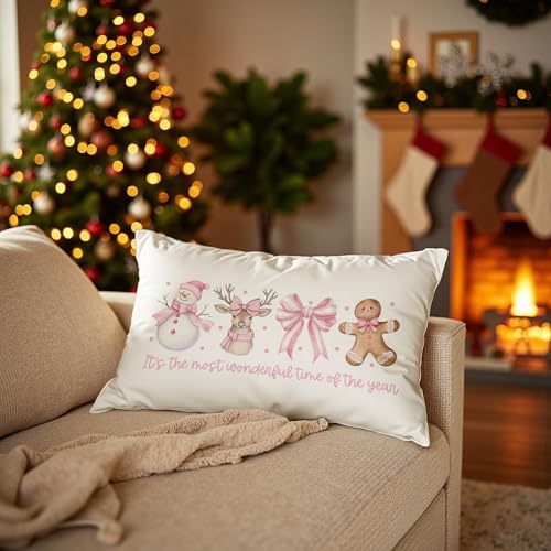 Coquette Pink Christmas Pillow Covers 12x20, Pink and White Christmas Decor, Preppy Xmas Snowman Reindeer Gingerbread Holiday Lumbar Pillow Covers for Girls Room Dorm Apartment - color: 26 Color
