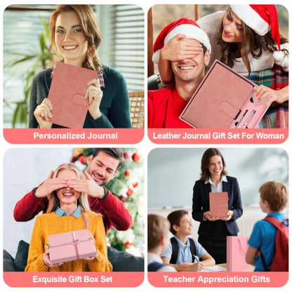 A5 Leather Journal for Women Men, Hardcover Notebook Set with Pen, Pink - color: Pink