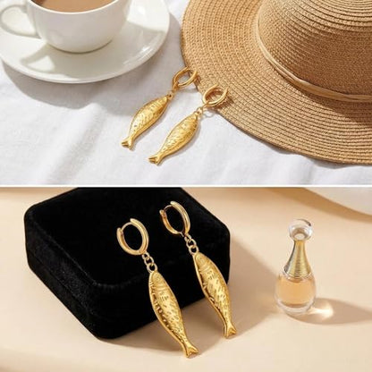Gold Fish Dangle Earrings for Women, Hypoallergenic Small Gold Huggie Hoops, Unique Beach Jewelry Aretes de Mujer