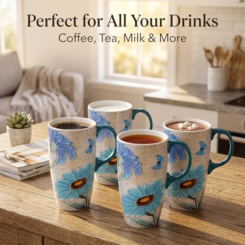 Topadorn 17oz Ceramic Travel Mug with Lid, Blue Daisy Floral Mug - color: Yellow Flower