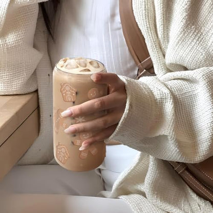 SANDJEST Gingerbread Christmas 16oz Can Glass Tumbler with Bamboo Lid & Straw - Iced Coffee Cup for Women Girls, Aesthetic Cups Gifts for Xmas - color: Christmas 2