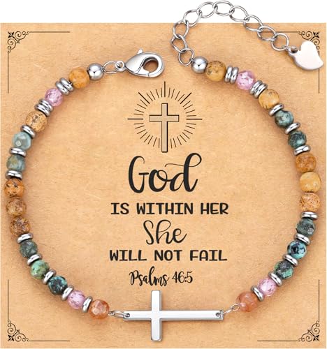 Cross Bracelet for Women, Christian Gifts for Women 2026 Stocking Stuffers for Teens Her Bead Bracelet Adjustable Gemstone Faith Religious Confirmation Communion Bracelet for Best Friend Mom Faith Birthday Anniversary Jewelry - color: Green Turquoise-God