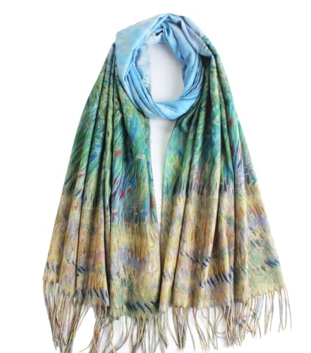 Umjetnost Soft Cashmere Feel Scarf For Women Winter Warm Scarves Large Shawl Wrap Monet Van Gogh Art Print - color: C15 Green&blue