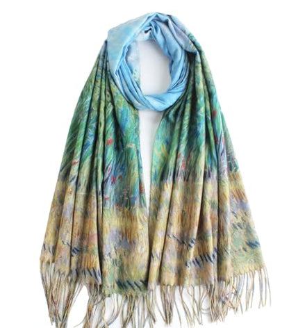 Umjetnost Soft Cashmere Feel Scarf For Women Winter Warm Scarves Large Shawl Wrap Monet Van Gogh Art Print - color: C15 Green&blue